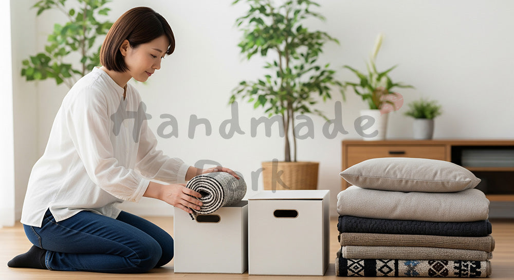 フリー素材 無料 写真｜ラグやブランケットを収納ボックスに片づける日本人主婦の季節の衣替え（表現2）