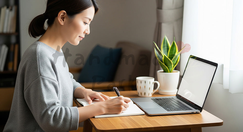 フリー素材 無料 写真｜書斎スペースでノートPCとノートを使いタスク管理をする日本人主婦（表現3）