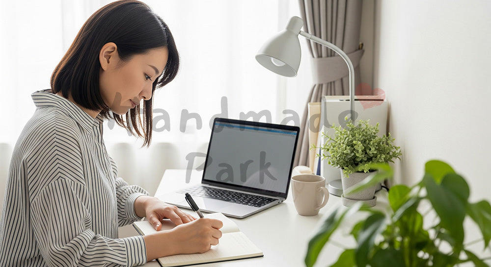 フリー素材 無料 写真｜書斎スペースでノートPCとノートを使いタスク管理をする日本人主婦 コピースペースあり