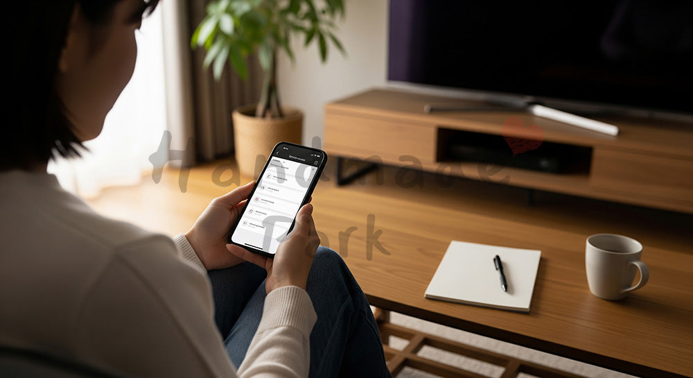 フリー素材 無料 写真｜スマホで買い物リストや予定を確認する日本人主婦のリビングシーン（表現2）
