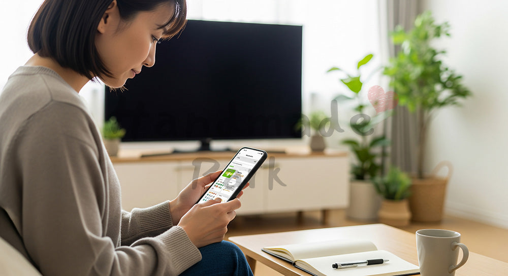 フリー素材 無料 写真｜スマホで買い物リストや予定を確認する日本人主婦のリビングシーン（表現1）