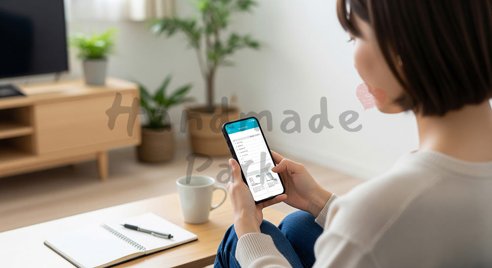 フリー素材 無料 写真｜スマホで買い物リストや予定を確認する日本人主婦のリビングシーン コピースペースあり