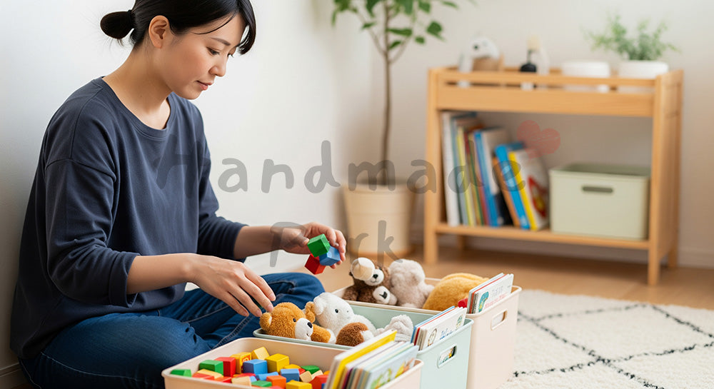 フリー素材 無料 写真｜子ども部屋のおもちゃを種類別に片づける日本人主婦の子育てシーン（表現3）