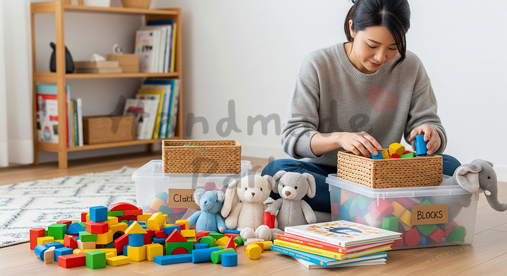 フリー素材 無料 写真｜子ども部屋のおもちゃを種類別に片づける日本人主婦の子育てシーン（表現2）