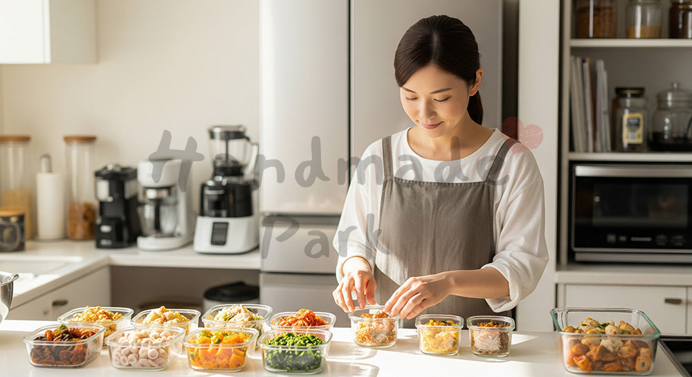 フリー素材 無料 写真｜ガラス保存容器に作り置きおかずを詰める日本人主婦の時短家事シーン（表現2）