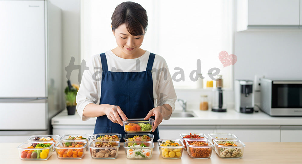 フリー素材 無料 写真｜ガラス保存容器に作り置きおかずを詰める日本人主婦の時短家事シーン コピースペースあり