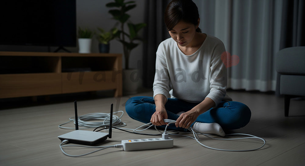 フリー素材 無料 写真｜Wi-Fiルーター周りのコードを整理する日本人主婦のデジタルライフ整備（表現3）