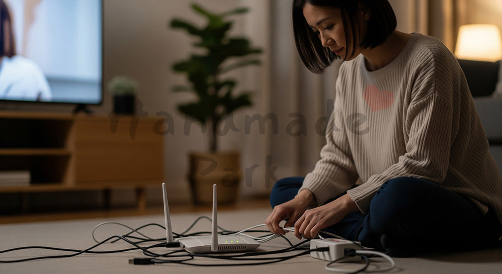 フリー素材 無料 写真｜Wi-Fiルーター周りのコードを整理する日本人主婦のデジタルライフ整備（表現2）