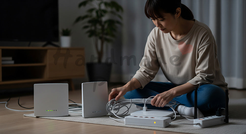 フリー素材 無料 写真｜Wi-Fiルーター周りのコードを整理する日本人主婦のデジタルライフ整備（表現1）