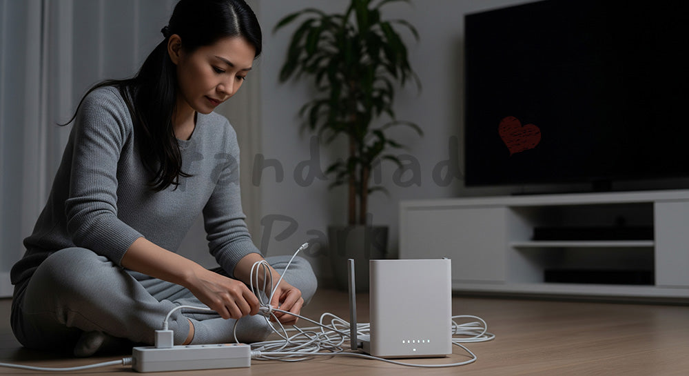 フリー素材 無料 写真｜Wi-Fiルーター周りのコードを整理する日本人主婦のデジタルライフ整備 コピースペースあり