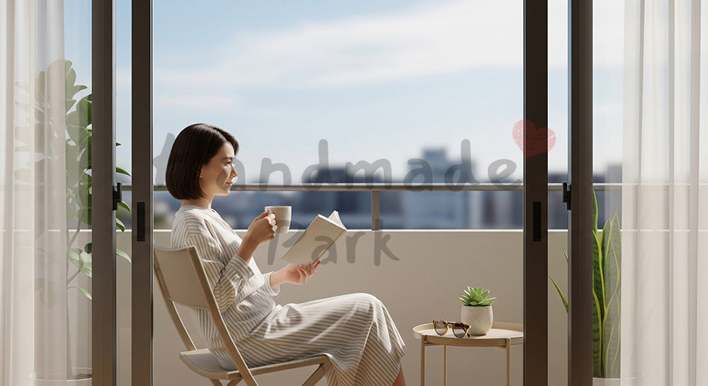 フリー素材 無料 写真｜ベランダで本とマグカップを手に外気浴を楽しむ日本人主婦の休日シーン（表現3）