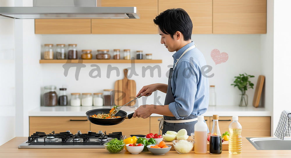 フリー素材 無料 写真｜エプロン姿の日本人夫が夕食づくりをする共働き家庭のキッチンシーン（表現3）