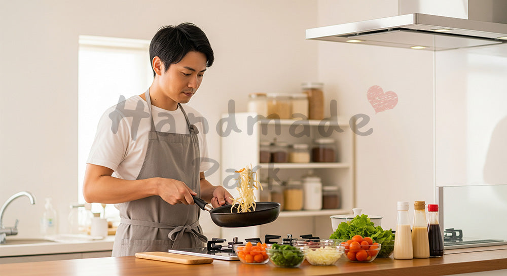 フリー素材 無料 写真｜エプロン姿の日本人夫が夕食づくりをする共働き家庭のキッチンシーン（表現1）