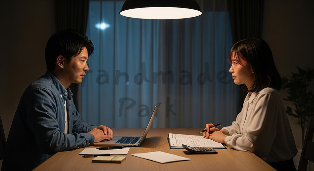 フリー素材 無料 写真｜ノートPCと家計簿を見ながら将来の貯蓄を話し合う日本人夫婦のマネープランシーン（表現5）