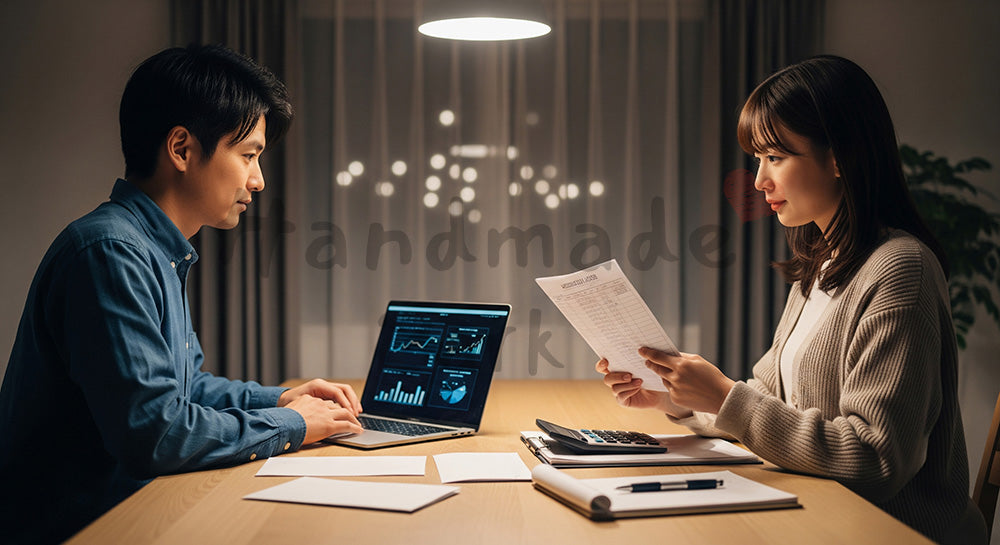 フリー素材 無料 写真｜ノートPCと家計簿を見ながら将来の貯蓄を話し合う日本人夫婦のマネープランシーン（表現3）