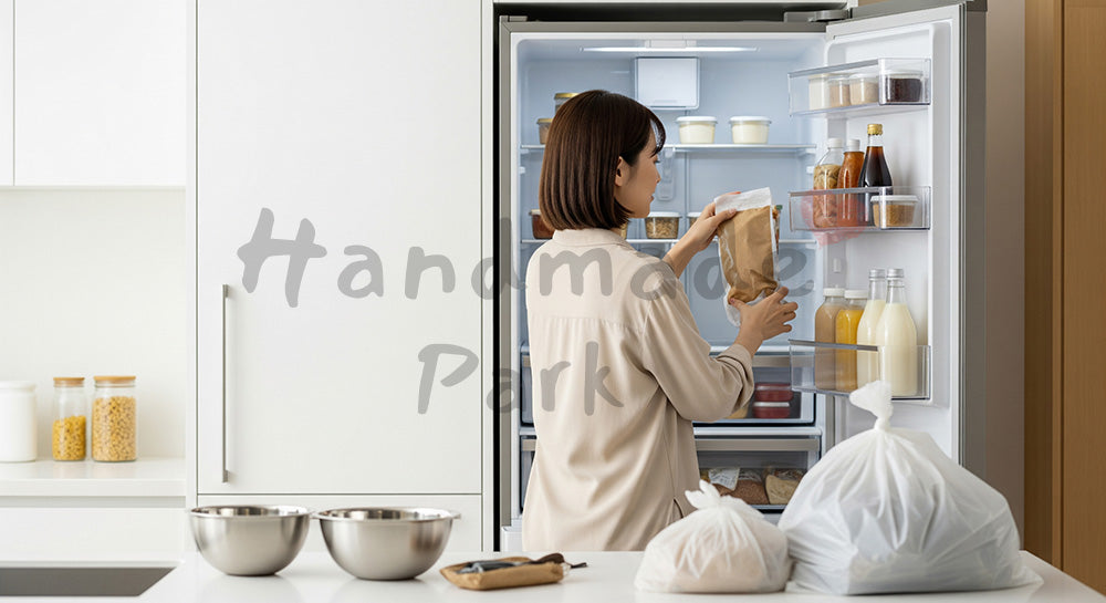 フリー素材 無料 写真｜冷蔵庫の中身を整理し食品ロスを防ぐ日本人主婦のキッチンシーン（表現1）