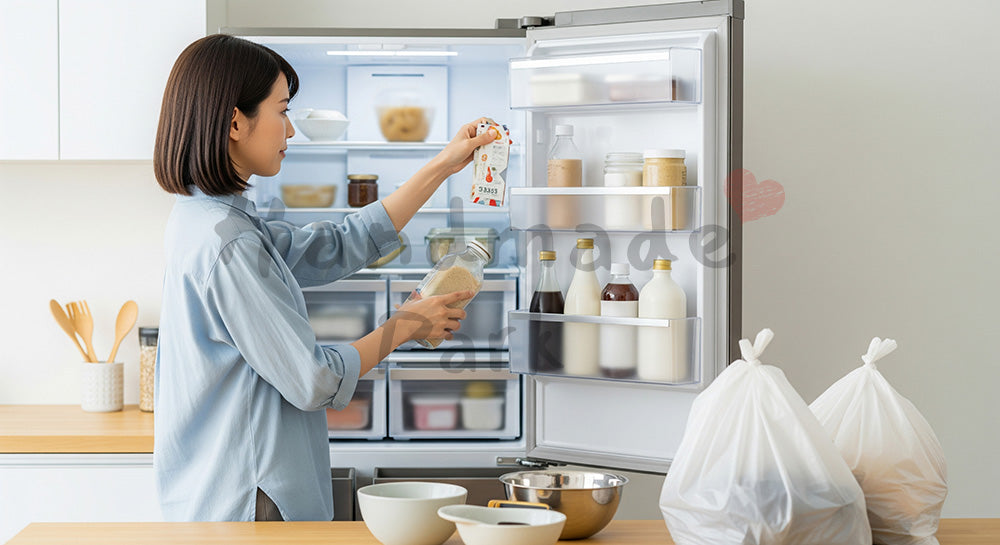 フリー素材 無料 写真｜冷蔵庫の中身を整理し食品ロスを防ぐ日本人主婦のキッチンシーン コピースペースあり