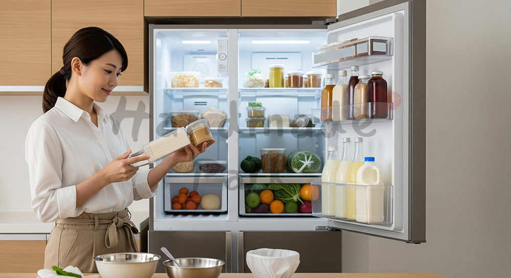 フリー素材 無料 写真｜冷蔵庫の中身を整理し食品ロスを防ぐ日本人主婦のキッチンシーン 余白あり