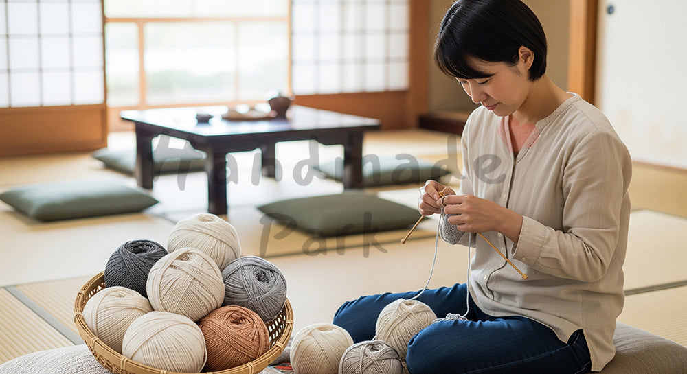 フリー素材 無料 写真|床に座って毛糸小物を編む日本人主婦のハンドメイド時間(表現4)