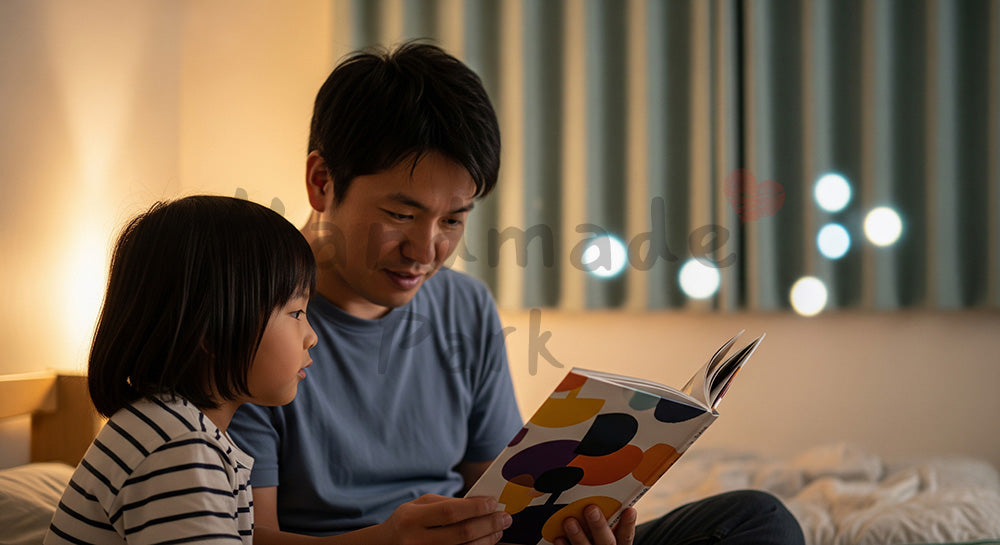フリー素材 無料 写真｜寝る前に子どもへ絵本を読み聞かせる日本人父親の親子時間（表現3）