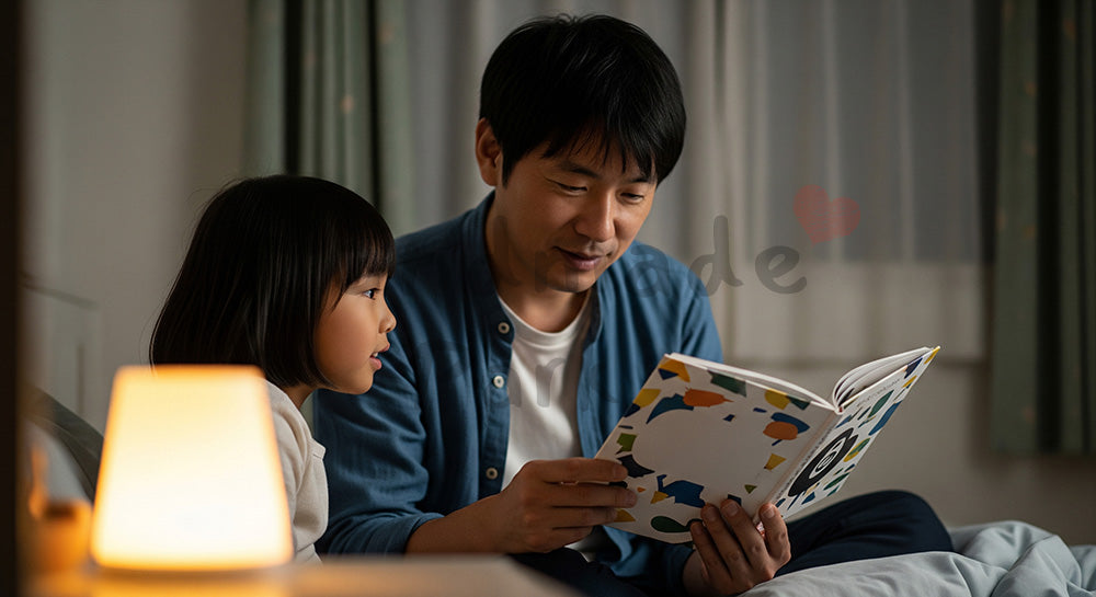 フリー素材 無料 写真｜寝る前に子どもへ絵本を読み聞かせる日本人父親の親子時間 コピースペースあり