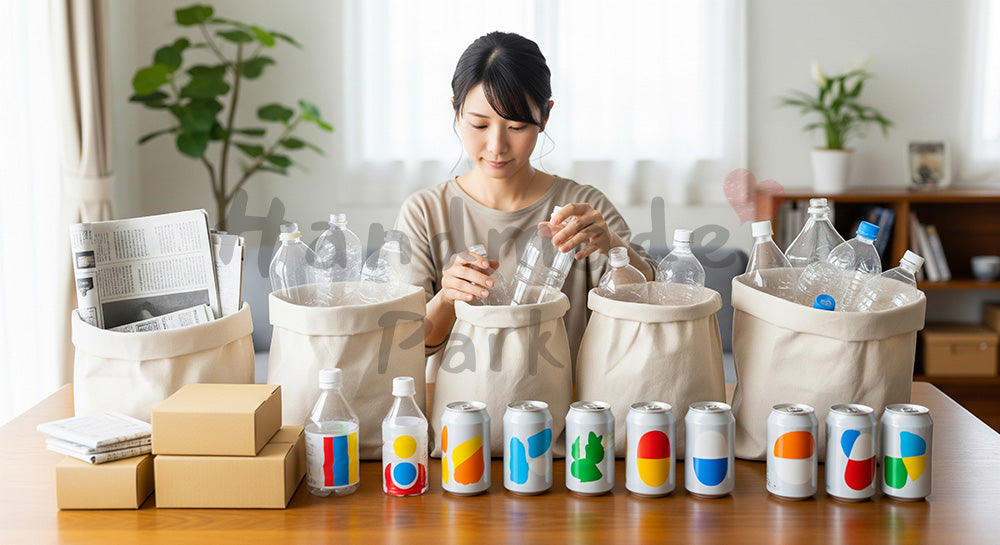 フリー素材 無料 写真｜ダイニングテーブルでごみ分別をする日本人主婦のエコライフシーン（表現3）