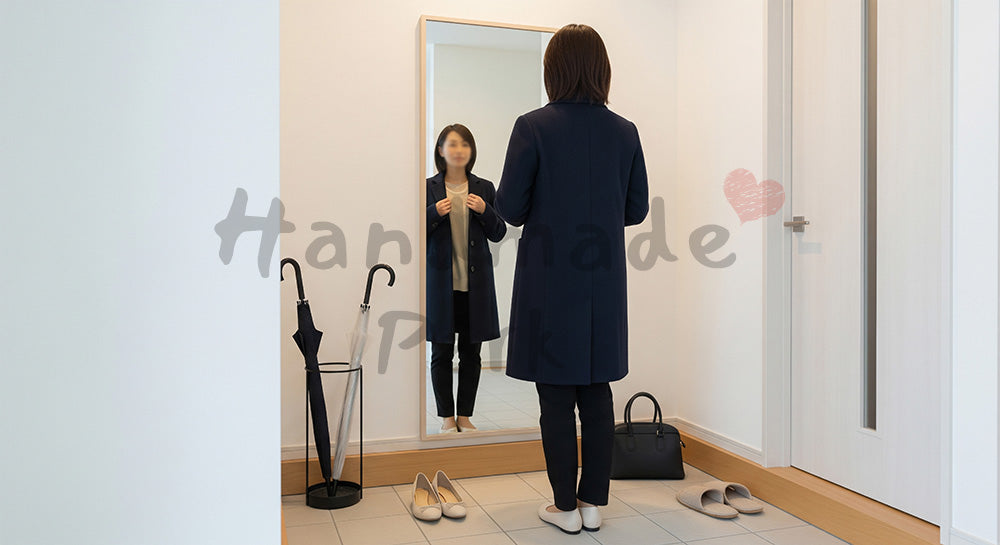 フリー素材 無料 写真｜玄関の鏡でコート姿をチェックする日本人主婦の外出前シーン コピースペースあり
