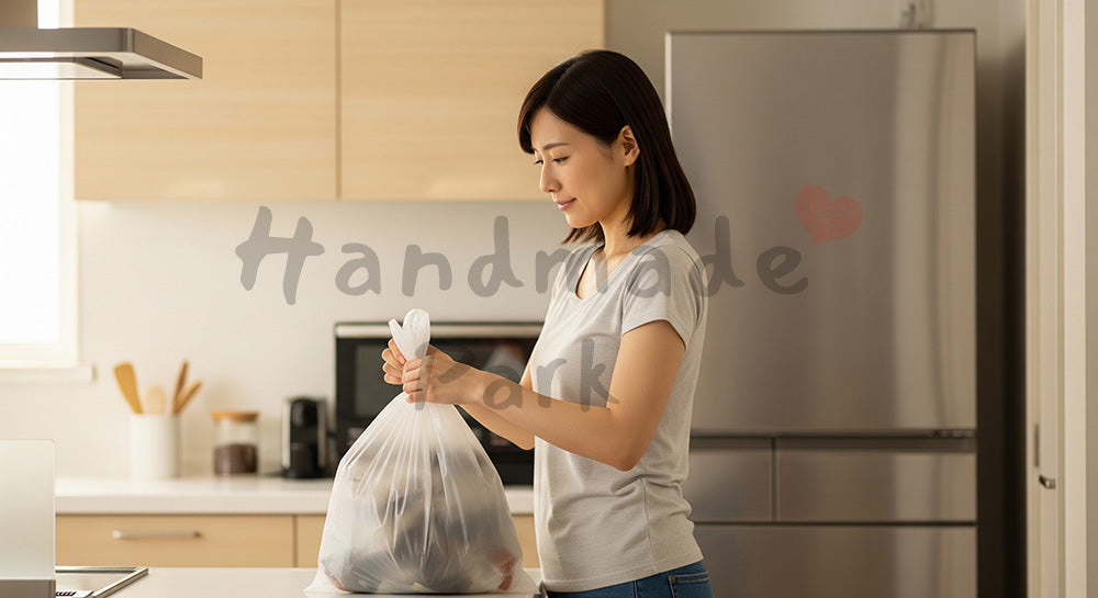 フリー素材 無料 写真｜キッチンでゴミ袋を結んで玄関へ運ぶ日本人主婦のゴミ出しシーン（表現1）