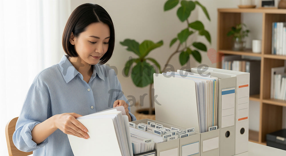 フリー素材 無料 写真｜書類をファイルボックスに仕分けする日本人主婦のデスク整理シーン（表現3）