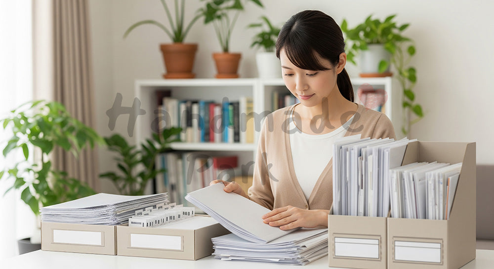 フリー素材 無料 写真｜書類をファイルボックスに仕分けする日本人主婦のデスク整理シーン（表現2）