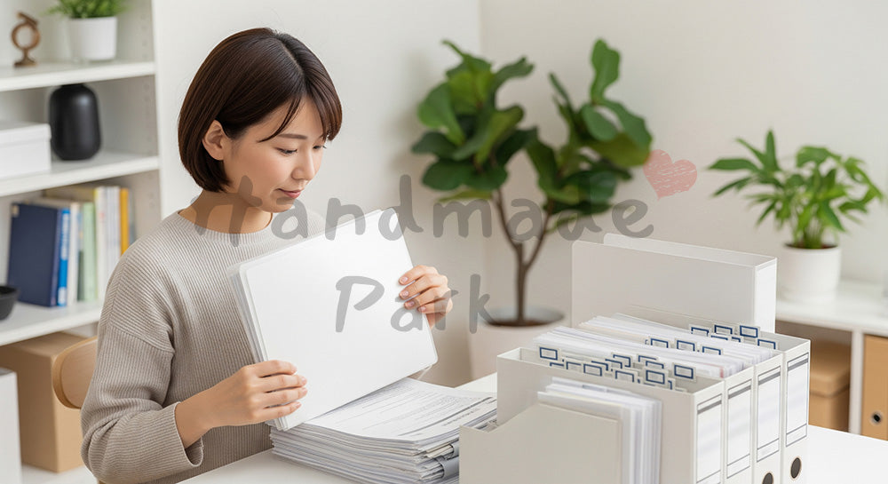 フリー素材 無料 写真｜書類をファイルボックスに仕分けする日本人主婦のデスク整理シーン（表現1）