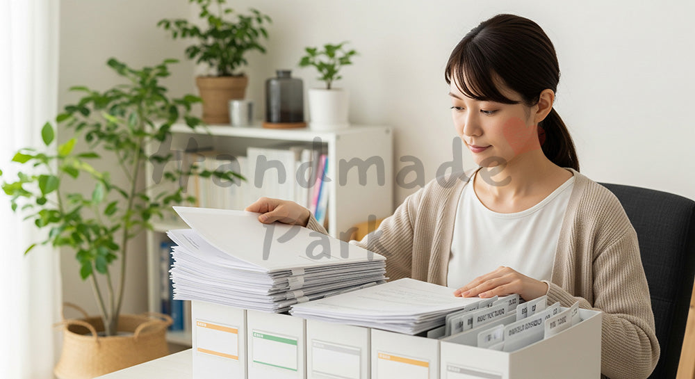 フリー素材 無料 写真｜書類をファイルボックスに仕分けする日本人主婦のデスク整理シーン コピースペースあり