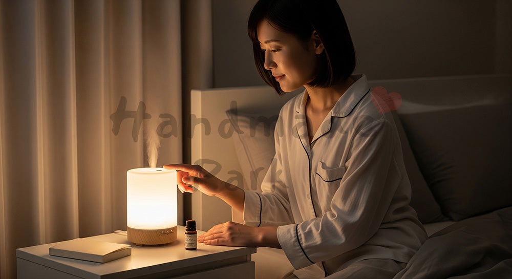 フリー素材 無料 写真｜アロマディフューザーをベッドサイドで使う日本人主婦のナイトルーティン（表現2）
