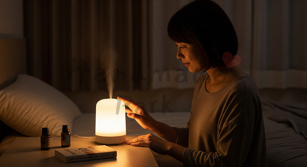 フリー素材 無料 写真｜アロマディフューザーをベッドサイドで使う日本人主婦のナイトルーティン（表現1）