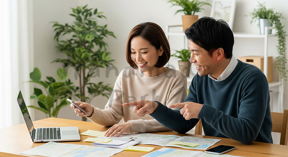 フリー素材 無料 写真｜リビングのテーブルで国内旅行の計画を立てる日本人カップル 余白あり
