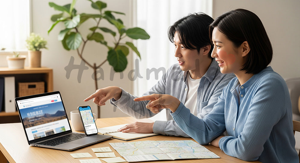 フリー素材 無料 写真｜リビングのテーブルで国内旅行の計画を立てる日本人カップル