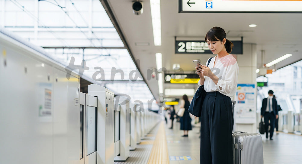 フリー素材 無料 写真｜駅のホームでキャリーケースを持ち電車を待つ日本人女性の旅行出発シーン 背景素材
