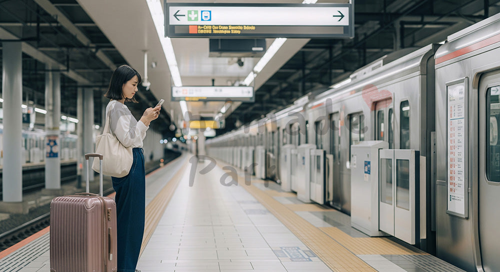 フリー素材 無料 写真｜駅のホームでキャリーケースを持ち電車を待つ日本人女性の旅行出発シーン