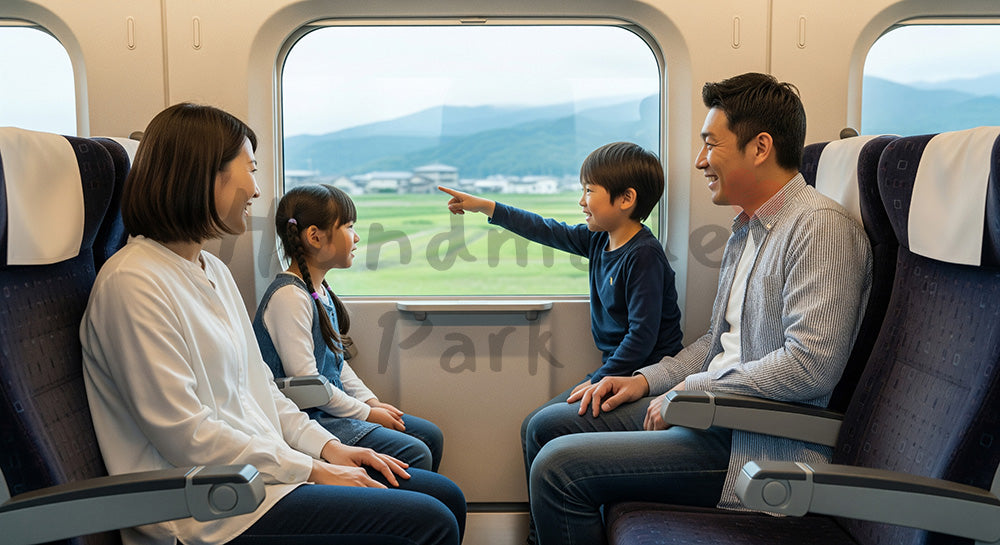 フリー素材 無料 写真｜新幹線風の車内で窓の景色を楽しむ日本人家族の旅行シーン 余白あり