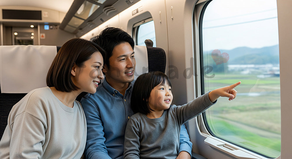 フリー素材 無料 写真｜新幹線風の車内で窓の景色を楽しむ日本人家族の旅行シーン 写真背景