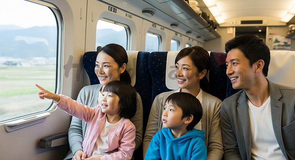 フリー素材 無料 写真｜新幹線風の車内で窓の景色を楽しむ日本人家族の旅行シーン