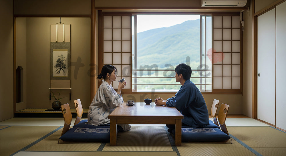 フリー素材 無料 写真｜背景素材和風旅館の畳部屋でお茶を楽しむ日本人カップルのくつろぎ旅行シーン 写真背景