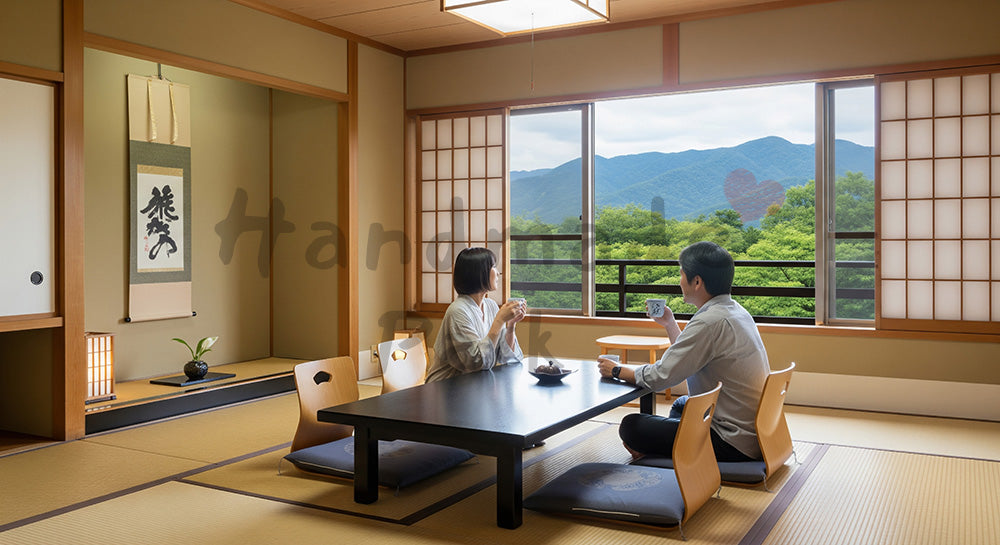 フリー素材 無料 写真｜和風旅館の畳部屋でお茶を楽しむ日本人カップルのくつろぎ旅行シーン 背景素材