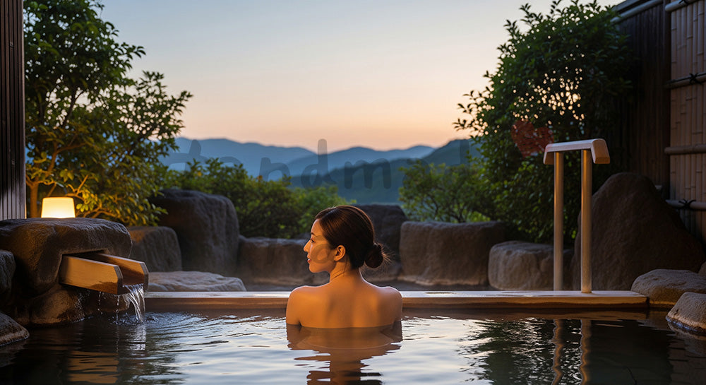 フリー素材 無料 写真｜露天風呂に浸かり山並みを眺める日本人女性の温泉リラックスシーン 写真背景