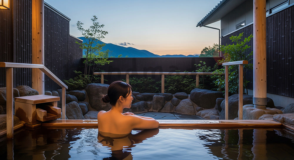 フリー素材 無料 写真｜露天風呂に浸かり山並みを眺める日本人女性の温泉リラックスシーン 背景素材