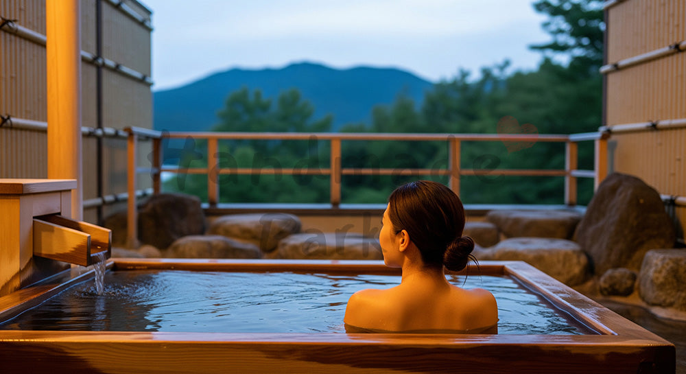 フリー素材 無料 写真｜露天風呂に浸かり山並みを眺める日本人女性の温泉リラックスシーン