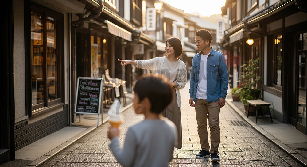 フリー素材 無料 写真｜石畳の観光地を家族で食べ歩きする日本人家族の街歩きシーン 余白あり