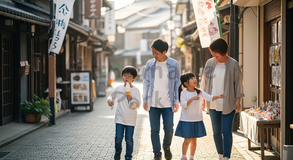 フリー素材 無料 写真｜石畳の観光地を家族で食べ歩きする日本人家族の街歩きシーン 写真背景