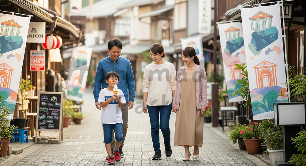 フリー素材 無料 写真｜石畳の観光地を家族で食べ歩きする日本人家族の街歩きシーン 背景素材