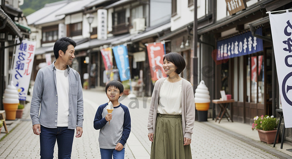 フリー素材 無料 写真｜石畳の観光地を家族で食べ歩きする日本人家族の街歩きシーン